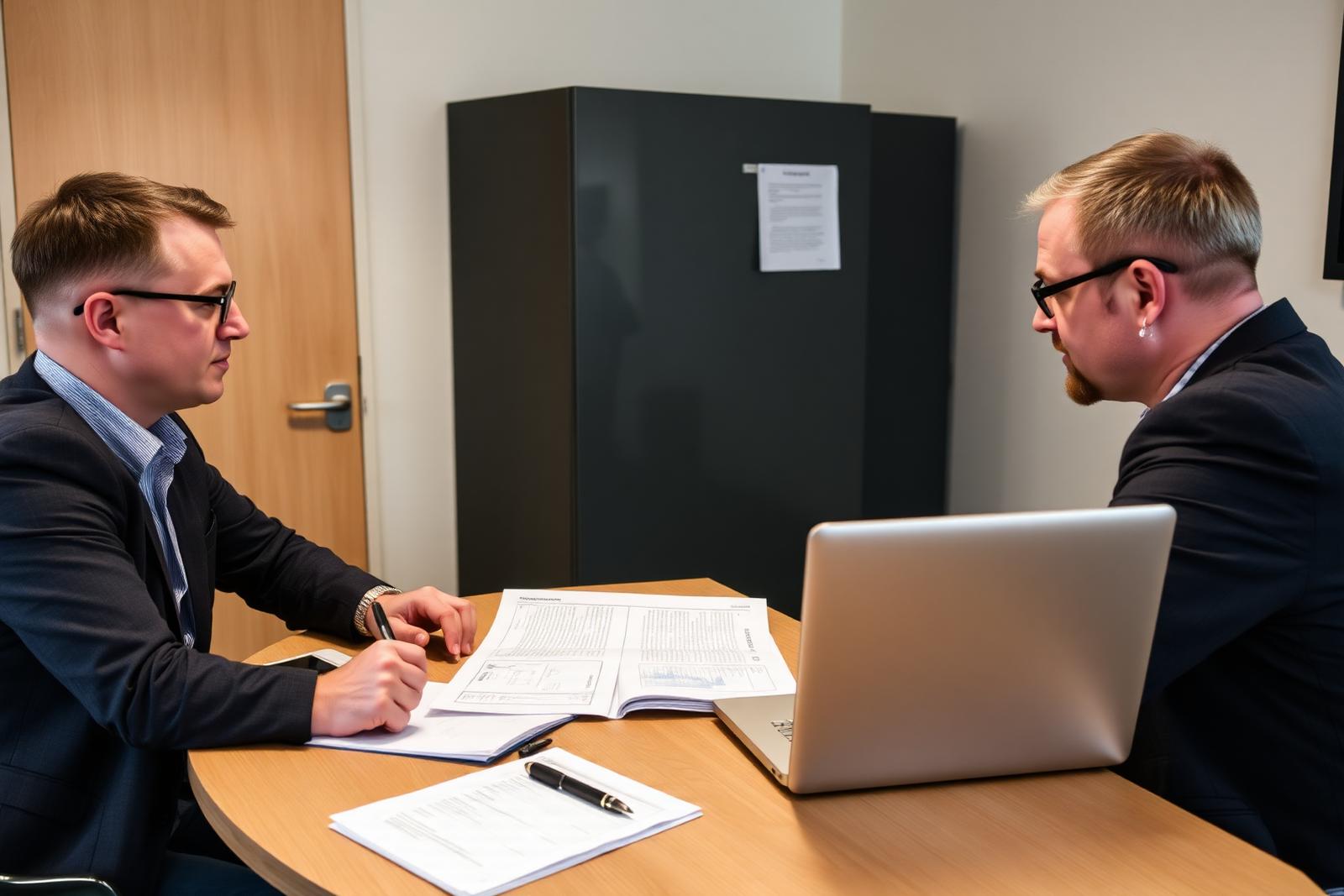 Kaksi henkilöä keskustelee raportin äärellä pienessä neuvotteluhuoneessa